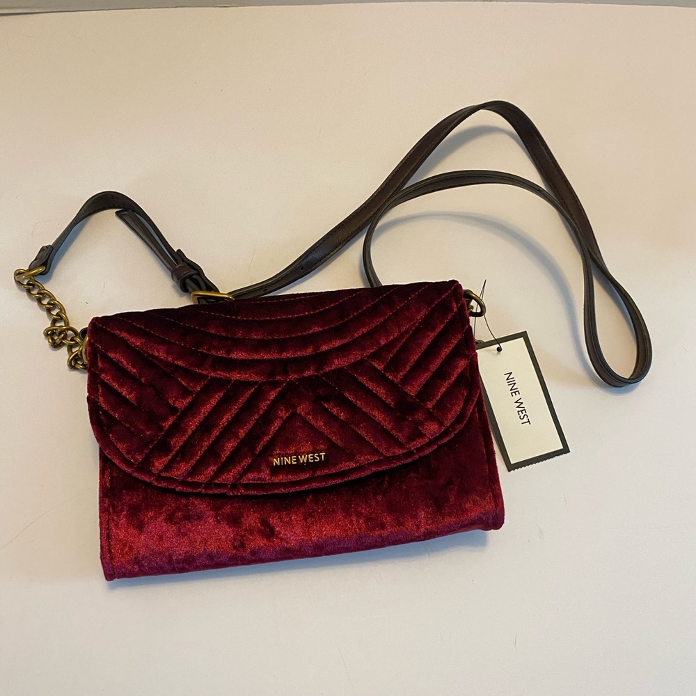 Nine West Rich Red/Burgundy Velvet Crossbody Bag NWT - Picture 2 of 12